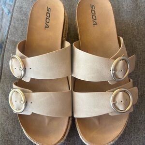 SODA Women's Nude Double-Buckle Slide Sandals